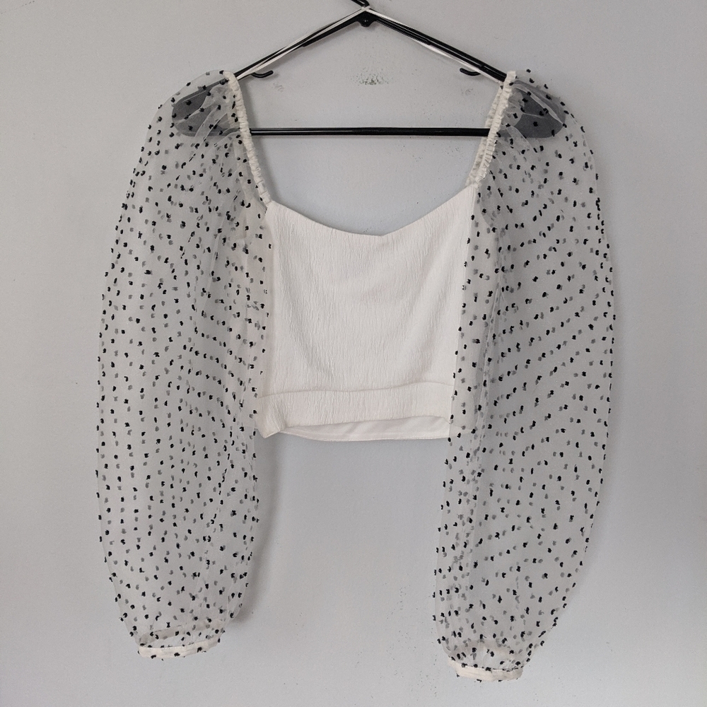 ZARA Bubble Sleeve Sheer Crop Top – White Black Dot Mesh – Size XS – Chic - Picture 7 of 7